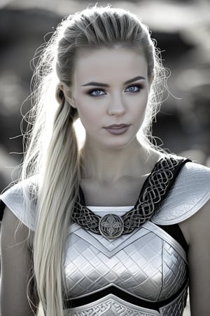 In a majestic framing, a regal Viking Queen stands tall on her horse, stern expression commanding respect. Her long, golden locks cascade down the ponytail's center, like silk threads weaving a tapestry of beauty. Monochromatic hues, a grayscale gradient effect, emphasize her ethereal features: piercing blue eyes, sharp facial contours, and a resolute jawline. The ancient spear's sturdy base rests against her leg, while full-body armor, black boots, and bare legs exude power and vulnerability. Her 19-year-old form radiates an otherworldly allure, as if chiseled by the gods themselves.