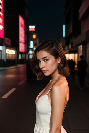 Create a closeup or 3/4 body of young european woman (20 years old, natural brown hair, White Sommer Dress) and Nissan skyline R32 (orange) front side in Tokio (🌞 hot Summer day), beautiful, tumblr aesthetic, hd photography, hyperrealism, photorealistic, flickering light, anime character, detailed, vibrant, anime face, sharp focus, character design, wlop, artgerm, kuvshinov, character design, unreal engine, beautiful city at night, long exposure city at night photography, full-color, urban street photography, nightlife, synthwave, cityscape, hd photography, digital art, 4k,Military,Jill