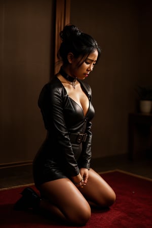 A sultry submissive beautiful Asian woman kneels in a dimly lit luxury suite, bathed in a strong light spot from above that highlights every curve. She's framed by the spotlight, her raven-black hair bun forming a halo around her face. Dark brown eyes gaze intensely into the distance, sharp as daggers. A slave collar adorns her neck and (((leather handcuffs bind her hands))), awaiting commands. The spotlight casts a dramatic glow on her straight posture and visibly restrained limbs against the dark backdrop. Shadows of people loom nearby, but she remains unaware of their presence.