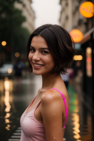 Photorealistic Portrait Of A Stunning brunette Woman, Her Short Hair Catching The City Lights, Showcasing A Radiant Smile. Dressed In A Low Cut White Top Wet Through And Pink Shorts, She's Immersed In The Heart Of A Rainy Paris Street, Moisture Reflecting The Broad, Vibrant City Lights Around Her. High Detailed, Wet Cobblestones, Glowing Neon Signs, Reflections, Wet Shimmering Surfaces, Rain Droplets Falling,Jill