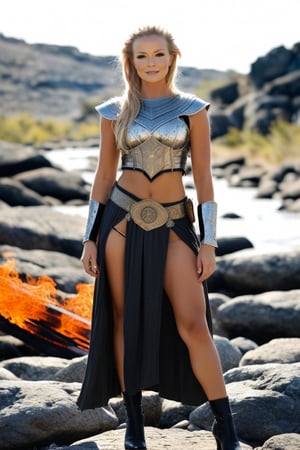 A medieval battlefield ablaze with fiery hues, a fierce Viking queen emerges, shrouded in thick smoke and flames. Her battle-worn attire, adorned with intricate metalwork and leather armor, accentuates her powerful physique. Fiery locks, like a river of flame, cascade down her back, framing determined eyes fixed on distant foes. Unyielding ferocity radiates from her strong features as she stands tall amidst the chaos. Beautiful legs, midriff, and cleavage are highlighted, exuding confidence and strength.