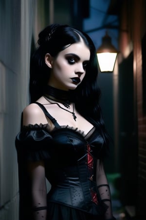 A dark alleyway scene: a young goth Lolita stands confidently, her raven hair styled in loose waves framing her pale complexion. A black fishnet dress hugs her slender figure, with a crimson corset visible beneath. A choker adorned with miniature skulls adds an air of edginess to her innocent features. The flickering streetlights cast eerie shadows on her face, while the misty atmosphere surrounding her exudes mystery and allure.