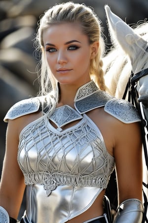 In a majestic framing, a regal Viking Queen stands tall on her horse, stern expression commanding respect. Her long, golden locks cascade down the ponytail's center, like silk threads weaving a tapestry of beauty. Monochromatic hues, a grayscale gradient effect, emphasize her ethereal features: piercing blue eyes, sharp facial contours, and a resolute jawline. The ancient spear's sturdy base rests against her leg, while full-body armor, black boots, and bare legs exude power and vulnerability. Her 19-year-old form radiates an otherworldly allure, as if chiseled by the gods themselves.