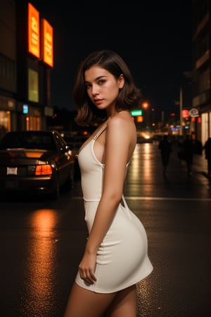 Create a young european woman (20 years old, natural brown hair, White Sommer Dress) and Nissan skyline R32 (orange) front side in Tokio (🌞 hot Summer day), beautiful, tumblr aesthetic, hd photography, hyperrealism, photorealistic, flickering light, anime character, detailed, vibrant, anime face, sharp focus, character design, wlop, artgerm, kuvshinov, character design, unreal engine, beautiful city at night, long exposure city at night photography, full-color, urban street photography, nightlife, synthwave, cityscape, hd photography, digital art, 4k,Military,Jill