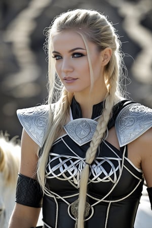 In a majestic framing, a regal Viking Queen stands tall on her horse, stern expression commanding respect. Her long, golden locks cascade down the ponytail's center, like silk threads weaving a tapestry of beauty. Monochromatic hues, a grayscale gradient effect, emphasize her ethereal features: piercing blue eyes, sharp facial contours, and a resolute jawline. The ancient spear's sturdy base rests against her leg, while full-body armor, black boots, and bare legs exude power and vulnerability. Her 19-year-old form radiates an otherworldly allure, as if chiseled by the gods themselves.