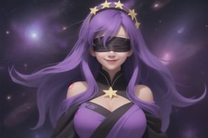 celestial_being, long_purple_hair, giant_breasts, eyes_covered_by_blindfold, facing_front, half_body_view, celestial_purple_robes, purple_aura, space_background, de-attached_shoulders, purple_flower_crown, smiling, 4-sided-star_symbol_on_chest