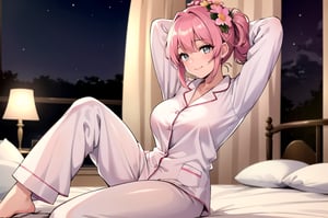 1girl, solo_female, standing, medium_breasts, oversized_white_pajamas, tired, sleepy, huge_pink_ponytail_hair, amber_eyes, pink_flower_on_head, sitting_on_bed, night_time, smiling, stretching (masterpiece, best quality, ultra-detailed, best shadow)