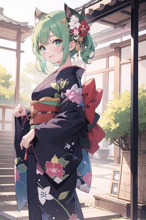 1girl, 1_girl, solofemale, solo_female Majestic_anime_woman, kimono_blue, greenish_eyes, blue_greenish_short_hair, kimono_matching_with_hair, beautiful_smile. exposed_kimono, perfect_breasts, perfect_hands