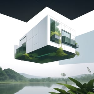 cubic house, floating, modern, floating in the sky, white, minimalistic, oversized windows, plants, beautiful natural landscape