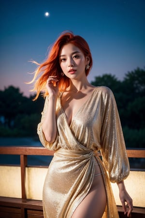 A woman with fiery red locks stands majestically outdoors at dusk, bathed in the soft, silvery glow of moonlight. Her porcelain complexion glows with a subtle luminescence as her updo hair is gently tousled by the evening breeze. With a confident stride and a hint of mischief playing on her lips, she commands attention under the star-studded night sky, her allure and mystery captivating the viewer's gaze.