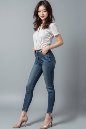 The image features a beautiful young korean woman posing in a stylish and casual outfit against a plain grey background. She is wearing raw color skinny jeans that accentuate her slender legs, paired with sleeveless shirt, completes her outfit with stilettos sandals, which add elegance to her casual look. She gazing at camera, charming smile face, striking a confident and allure's pose, detailed, lights and shadows, contrast, sharp focus 