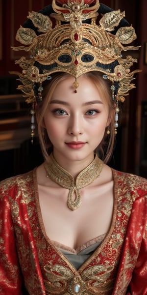 A stunning (Ukrainian woman), wearing an opulent ancient Chinese empress costume,Her Slavic features, -blue eyes and fair skin, contrast beautifully with the ornate Chinese attire, Elaborate headdress adorned with gold filigree, jade beads, and hanging pearls, Intricate phoenix crown with delicate golden leaves and gemstones,Layered silk robes in rich red and gold, embroidered with dragons and auspicious symbols, Wide, flowing sleeves with detailed embroidery, Ornate collar piece studded with precious stones,Long blonde hair partially visible beneath the headdress,Beautiful woman,Photorealistic,Fantasy detailers 