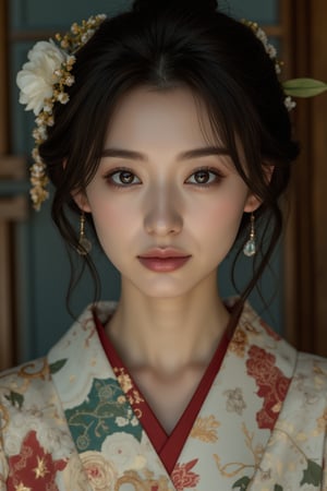 A beautiful young Japanese woman, 22yo, luxurious Japan style kimono, ornate floral embroidered, cinematic, highly details, immersive atmosphere, impeccably detailed, visually stunning, real-to-life upper body portrait, transfixing looks, emotive depth, artistic emotionality, compelling glances, 