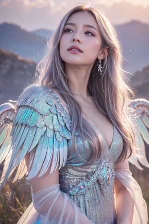 (masterpiece, best quality, CGI, official art:1.2), (stunning celestial being:1.3), (iridescent wings:1.4), shimmering silver hair, piercing sapphire eyes, gentle smile, (luminous aura:1.2), soft focus, whimsical atmosphere, serene emotion, dreamy tone, vibrant intensity, inspired by Hayao Miyazaki's style, ethereal aesthetic, pastel colors with (soft pink accents:1.1), warm mood, soft golden lighting, diagonal shot, looking up in wonder, surrounded by (delicate clouds:1.1) and (shimmering stardust:1.2), focal point on the being's face, intricate textures on wings and clothes, highly realistic fabric texture, atmospheric mist effect, high image complexity, detailed environment, dynamic energy.