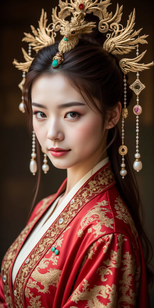 A stunning (Asian woman), wearing an opulent ancient Chinese empress costume,Her Slavic features, -blue eyes and fair skin, contrast beautifully with the ornate Chinese attire, Elaborate headdress adorned with gold filigree, jade beads, and hanging pearls, Intricate phoenix crown with delicate golden leaves and gemstones,Layered silk robes in rich red and gold, embroidered with dragons and auspicious symbols, Wide, flowing sleeves with detailed embroidery, Ornate collar piece studded with precious stones,Long blonde hair partially visible beneath the headdress,Beautiful woman,Photorealistic, cinematic 