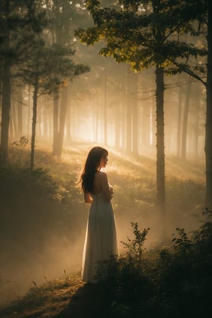 A solitary figure, a woman, stands at the edge of a misty forest, her back to the camera. The soft morning light casts a warm glow on her long hair and the curves of her silhouette. She wears a flowing white dress that blends with the fog, as if one with nature. Her pose exudes quiet contemplation.