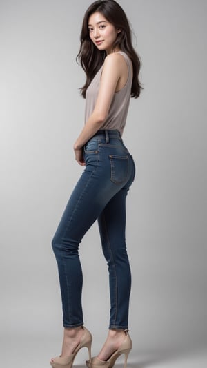 The image features a beautiful young korean woman posing in a stylish and casual outfit against a plain grey background. She is wearing raw color skinny jeans that accentuate her slender legs, paired with sleeveless shirt, completes her outfit with stilettos sandals, which add elegance to her casual look. She gazing at camera, charming smile face, striking a confident and allure's pose, detailed, lights and shadows, contrast, sharp focus 