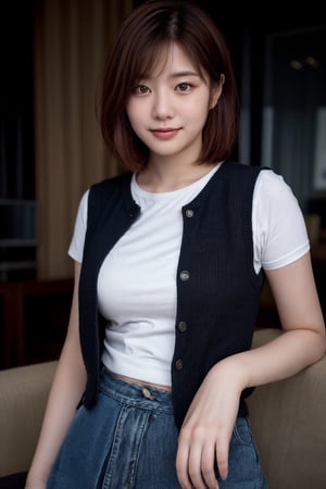 (Best quality, 8k, 32k, raw photo, photorealistic, UHD:1.2),lifelike rendering, (upper body portrait:1.2), Photo of Beautiful Japanese woman, 1girl, 24yo, stunning, (short brown hair), double eyelids, detailed facial, perfect round medium-large breasts, slender legs, slender curves body,(pale skin:1.2), see-through white embroidery cotton vest, casual loose skirt, living room, sharp focus, sexy face, smile, seduction looking at camera, thighs focus, detailed facial, white cotton vest, detailed fabric rendering, (low key, dark theme, in the dark:1.3),epiC35mm,