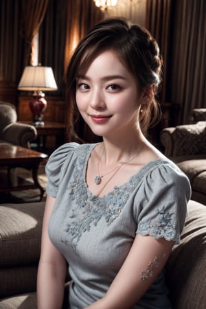 (Best quality, 8k, 32k, Masterpiece, Photorealistic, UHD:1.2),(lifelike rendering), Photo of a Beautiful Korean woman, 1girl, 24yo, (medium brown updo hair), oval face, double eyelids, highly detailed glossy eyes, glossy full lips, detailed facial, natural round large breasts, nice hands, slender curves body, pale skin, detailed skin texture, necklace, (translucent grey) short-sleeves flowey lace dress, soft lighting living room, charming smile face, smile, look at camera, detailed facial, detailed hair, detailed fabric rendering, (low key, dark theme:1.2),k0rean