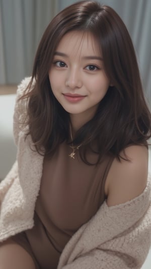 A Beautiful young Korean woman, stunning, short brown hair, oval face shape, (double eyelids), highly detailed glossy eyes, detailed facial, perfect body, beautiful legs, OL outfit, fashion model posing, alluring, charming smile face to camera, photorealistic, highly details 