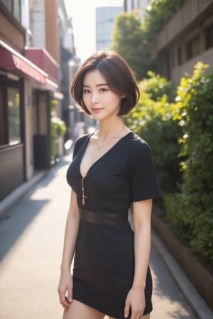 A stunning 24-year-old Japanese woman poses confidently amidst a vibrant street scene, her short brown hair framing expressive eyes and detailed facial features. A charming smile plays on her lips as she wears a short-sleeve dress with a necklace, her pale skin glowing under bright sunlight that showcases her beautiful legs. She stands surrounded by urban textures, architectural details, and a modern street style outfit that complements her slender, busty physique. The camera captures her full-body portrait from head to toe, highlighting the contrast between her delicate features and the bustling cityscape.