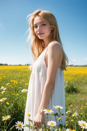 A young girl with a curious gaze, standing in a sun-drenched meadow, surrounded by wildflowers of every color. Her long blonde hair gently sways in the breeze as she tilts her head to examine a nearby daisy. Soft focus captures her innocent smile and bright blue eyes shining like a clear summer sky.