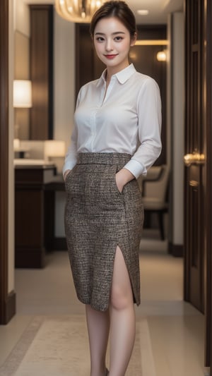 a 30yo beautiful asian woman. stunning, medium brown updo hair, double eyelids, detailed facial, medium-large breasts, full hips, ((slender legs)), curvaceous body. She is wearing a fitted shirt, a tweed skirt, and a luxurious grey blue pumps. at hotel room, coming back from bathroom, She has a charming smile on her face, looking at camera. sharp focus full-body, detailed skin texture, cinematic, lifelike rendering