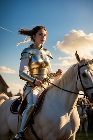 Epic scene of Joan of Arc, a vision of beauty with her slender figure and perfect curves, riding confidently on her majestic white horse. The golden sunlight casts a warm glow on her radiant face, illuminating her determination as she charges forward. A heroic pose captures the essence of her courage and conviction.