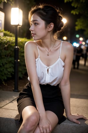 (Best quality, 8k, 32k, Masterpiece, Photoreal, high contrast, UHD:1.2),Photo of Pretty Japanese woman, 1girl, 22yo, (shoulder-length dark brown updo hair), hair claw, double eyelids, highly detailed clear and symmetrical glossy eyes, glossy lips, natural round large breasts, wide hips, slender legs, soft curves, (pale skin:1.2), clean skin, detailed skin texture, necklace, blouse, loose long skirt, embroidery details, pumps heels, (midnight, night:1.3), dating at ueno park, sharp focus, sexy face, attractive smile face, (looking away:1.3), legs focus, highly details, soft and bouncy body, beautiful legs, detailed eyes, detailed facial, detailed hair, detailed fabric rendering,epiC35mm,