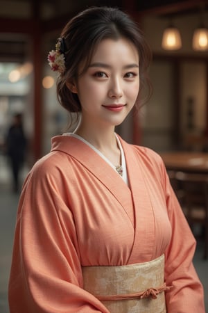 A beautiful Japanese woman, salmon-colored kimono, cinematic, highly details