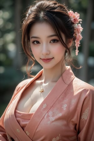 A beautiful Japanese woman, salmon-colored kimono, cinematic, highly details