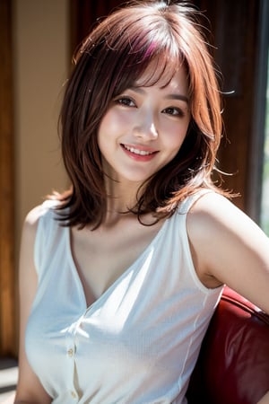 (Best quality, 8k, 32k, Masterpiece, Photoreal, high contrast, UHD:1.2), 1girl, solo, medium pink hair, perfect body, pale skin, blouse, smile, highly details 