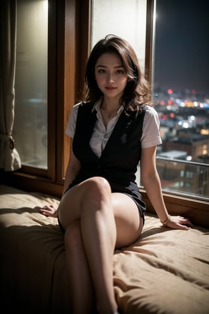 (Best quality, 8k, 32k, Masterpiece, real life, Photorealistic, highres, UHD:1.2),Photo of Pretty Japanese woman, 1girl, 22yo, alluring stewardess, (shoulder length dark brown curly hair), double eyelids, highly detailed glossy eyes, glossy lips, lipstick, natural medium breasts, wide hips, slender legs, slender body, soft curves, pale skin, detailed skin texture, skin pores, necklace,  stewardess uniform, blouse, half open cloth, exposed, suit vest, medium skirt, gray pantyhose, pumps heels, (midnight, night:1.3), (huge window with beautiful cityscape night view:1.3), luxurious hotel room, (NTR:1.2), sharp focus, sexy face, smile, (looking at viewer:1.3), legs focus, highly details, white teeth, beautiful slim legs, detailed eyes, detailed facial, detailed hair, detailed fabric rendering,epiC35mm,