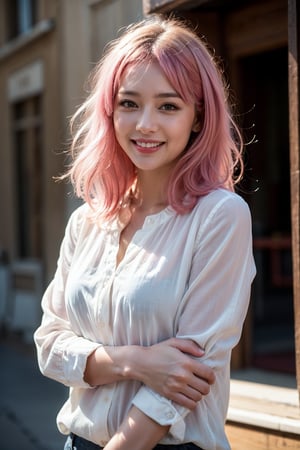 (Best quality, 8k, 32k, Masterpiece, Photoreal, high contrast, UHD:1.2), 1girl, solo, medium pink hair, perfect body, blouse, smile, highly details 