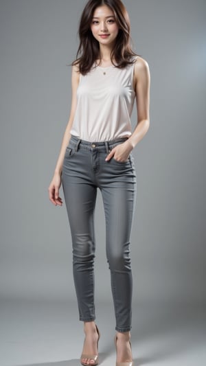 The image features a beautiful young korean woman posing in a stylish and casual outfit against a plain grey background. She is wearing raw color skinny jeans that accentuate her slender legs, paired with sleeveless shirt, completes her outfit with stilettos sandals, which add elegance to her casual look. She gazing at camera, charming smile face, striking a confident and allure's pose, detailed, lights and shadows, contrast, sharp focus 