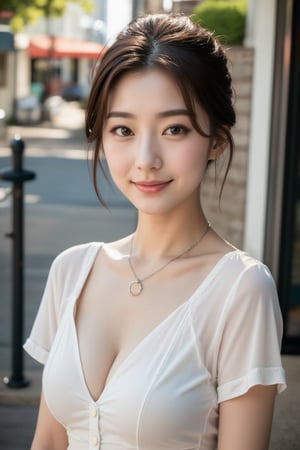 Full-body portrait. A stunning Beautiful Japanese woman, 24 years old, poses outdoors amidst a vibrant street scene. Her short brown hair is styled effortlessly, framing her expressive eyes and detailed facial features. A charming smile plays on her lips as she wears a short-sleeve dress with necklace. Pale skin glows under the bright sunlight, showcasing beautiful legs. She stands confidently, surrounded by urban textures and architectural details, with a modern street style outfit that complements her slender, busty physique.