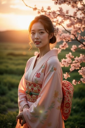 A serene Japanese woman, draped in a stunning kimono, stands majestically against a subtle gradient sunset. Soft, warm lighting casts a gentle glow on her delicate features and the intricate patterns of her traditional garment. Framed by lush greenery, she poses with elegant poise, one hand delicately holding a cherry blossom branch as the camera captures her in a cinematic close-up.