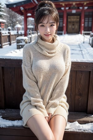 (Best quality, 8k, 32k, Masterpiece, UHD:1.2),Photo of Pretty Japanese woman, stunning, 1girl, (medium dark brown ponytail), double eyelid, natural large breasts, slender legs, tall body, soft curves, white coat, knit dress shirt, checkered skirt, red scarf, snow heeled boot, sitting on stairs on shrine, snowy shrine, heavy snow on shrine, fashion model posing, unforgettable beauty, look at viewer, sexy smile, closed to up, lifelike rendering, detailed facial features, detailed real skin texture, detailed details,bykm