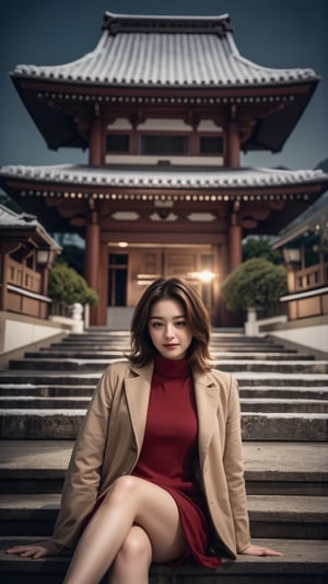 Photorealistic, Photo of young Beautiful Japanese woman, 1girl, stunning, (medium-short brown inward hair), double eyelids, highly detailed glossy eyes, (detailed facial), medium-large breasts, slender legs, pale skin, detailed skin texture, (supermodel like figure), beige coat, knits dress, white heeled boots, red scarf, (sitting on stairs), (in front of the shrine), (nice hands on thighs), night, dark theme, nighttime, (huge majestic shrine on background), (snowy shrine, heavy snow on shrine), cold, fashion model posing, full body portrait, sharp focus, (charming smile face), looking at camera, (enchanting smile), from front side, wide angle, highly details, medium-short hair, (beautiful long-legged), detailed fabric rendering, detailed background, (night view), landscape