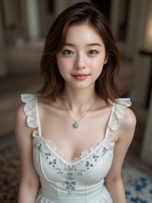 A captivating full-body portrait of a 22-year-old Korean woman with medium-short brown hair, double eyelids, and glossy eyes that seem to sparkle. Her oval-shaped face is aglow with a charming smile, accentuating her natural round breasts and alluring curves. The focus is sharp on her upper body, while the blurred background enhances her stunning features. A white sleeveless dress adorned with ornate embroidery and tiny blue stones adds a touch of elegance. The delicate play of lights and shadows highlights her pale skin texture, creating a cinematic masterpiece.