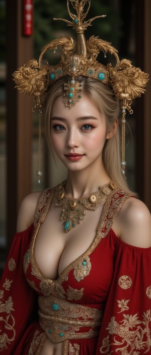 A stunning (Asian woman), wearing an opulent ancient Chinese empress costume,Her Slavic features, blue eyes and fair skin, contrast beautifully with the ornate Chinese attire, Elaborate headdress adorned with gold filigree, jade beads, and hanging pearls, Intricate phoenix crown with delicate golden leaves and gemstones,Layered silk robes in rich red and gold, embroidered with dragons and auspicious symbols, Wide, flowing sleeves with detailed embroidery, Ornate collar piece studded with precious stones,Long blonde hair partially visible beneath the headdress,Beautiful woman,Photorealistic, cinematic 