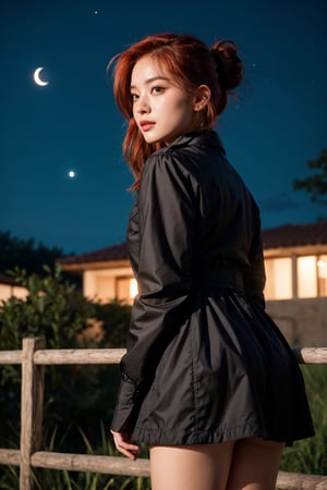 A woman with fiery red locks stands majestically outdoors at dusk, bathed in the soft, silvery glow of moonlight. Her porcelain complexion glows with a subtle luminescence as her updo hair is gently tousled by the evening breeze. With a confident stride and a hint of mischief playing on her lips, she commands attention under the star-studded night sky, her allure and mystery captivating the viewer's gaze.