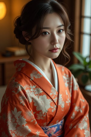 A beautiful young Japanese woman, 22yo, perfect body, beautiful legs, luxurious Japan style kimono, ornate floral embroidered, cinematic, highly details, immersive atmosphere, impeccably detailed, visually stunning, transfixing looks, emotive depth, artistic emotionality, compelling glances, 