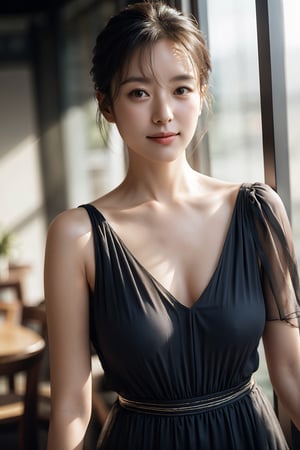 Best quality, raw photo, Photorealistic, UHD,lifelike rendering, (upper body portrait:1.2), Photo of Beautiful Korean woman, 24yo, stunning, (medium dark brown hair), double eyelids, highly detailed glossy dark brown eyes, natural medium-large breasts, pale skin, skin pores, daily outfit, tulle-chiffon dress, sharp focus, sexy face, smile, look at viewer, from below, closed to up, thighs focus, detailed real skin texture, detailed fabric rendering, natural soft daylight, ray tracing,flashphoto,epiC35mm