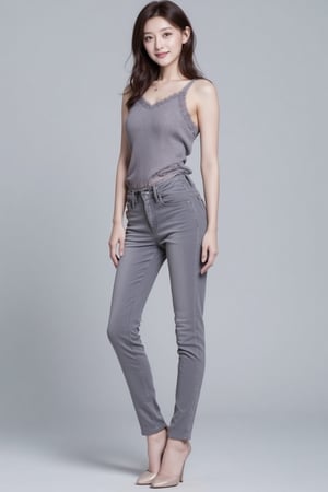 The image features a beautiful young korean woman posing in a stylish and casual outfit against a plain grey background. She is wearing raw color skinny jeans that accentuate her slender legs, paired with sleeveless shirt, completes her outfit with stiletto sandals, which add elegance to her casual look. She gazing at camera, charming smile face, striking a confident and allure's pose, realistic, detailed, lights and shadows, contrast, sharp focus 