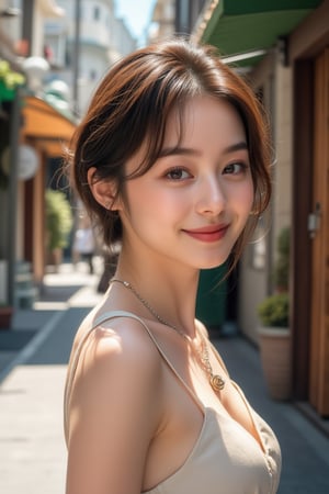 A stunning Japanese woman, 24 years old, poses outdoors amidst a vibrant street scene. Her short brown hair is styled effortlessly, framing her expressive eyes and detailed facial features. A charming smile plays on her lips as she wears a short-sleeve dress with a tiny thunderbolt sign charm necklace. Pale skin glows under the bright sunlight, showcasing lifelike rendering. She stands confidently, surrounded by urban textures and architectural details, with a modern street style outfit that complements her slender, busty physique.