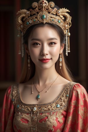 A stunning (Asian woman), wearing an opulent ancient Chinese empress costume,Her Slavic features, blue eyes and fair skin, contrast beautifully with the ornate Chinese attire, Elaborate headdress adorned with gold filigree, jade beads, and hanging pearls, Intricate phoenix crown with delicate golden leaves and gemstones,Layered silk robes in rich red and gold, embroidered with dragons and auspicious symbols, Wide, flowing sleeves with detailed embroidery, Ornate collar piece studded with precious stones,Long blonde hair partially visible beneath the headdress,Beautiful woman,Photorealistic, cinematic 