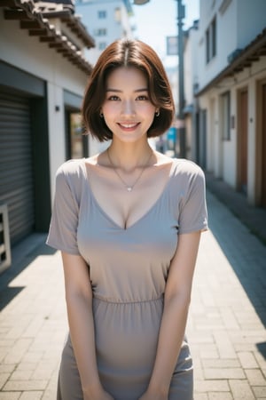 Full-body portrait. A stunning Beautiful Japanese woman, 24 years old, poses outdoors amidst a vibrant street scene. Her short brown hair is styled effortlessly, framing her expressive eyes and detailed facial features. A charming smile plays on her lips as she wears a short-sleeve dress with necklace. Pale skin glows under the bright sunlight, showcasing lifelike rendering. She stands confidently, surrounded by urban textures and architectural details, with a modern street style outfit that complements her slender, busty physique.,j@pan