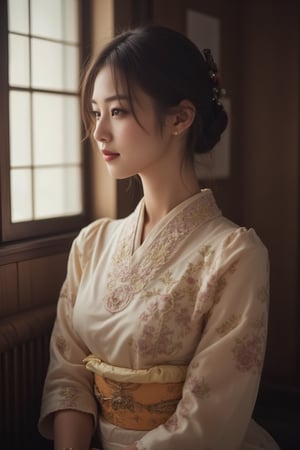 A young beautiful Japanese woman, updo hair, slender curves body, kimono, Photorealistic, cinematic, highly details