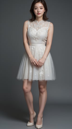 full-body portrait. a Beautiful Chinese woman stands in a translucent sleeveless dress, ornate embroidered, adorned with a high neckline. Her hair is styled in a sleek bob, adding a touch of movement to her face. The medium-short dress and frosted pumps is fitted to her busty body and beautiful slender legs. The backdrop is a stark grey, creating a stark contrast to the woman's dress.